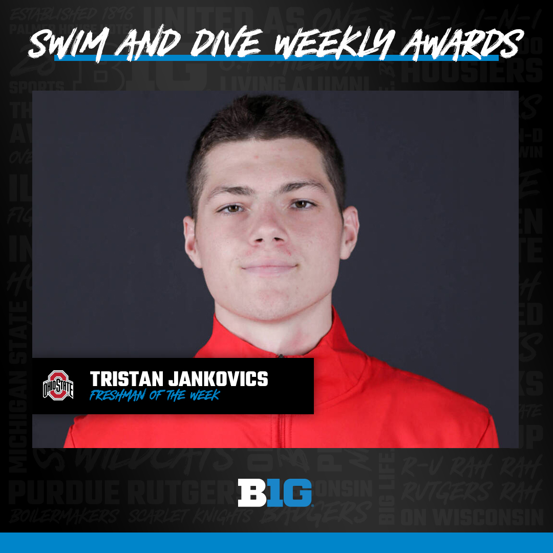 🏊‍♂️ WEEKLY AWARDS 🏊‍♂️ Tristan Jankovics of @OhioStSwimDive is the Men's #B1GSD Freshman of the Week! ◻️Posted the Big Ten’s sixth fastest time of the season in the 200 IM (1:49.49) 🔗 bit.ly/3fBrj4q