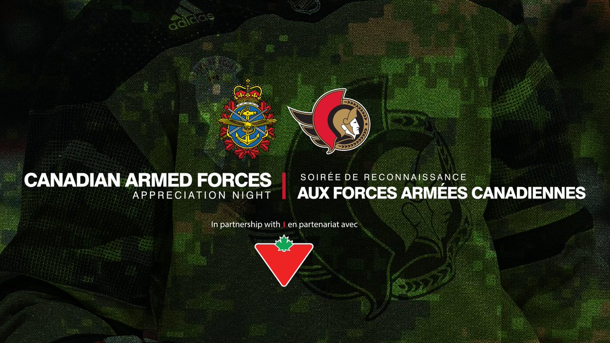 Senators's tweet photo. Join us in showing support tomorrow at our Canadian Armed Forces Appreciation Night! 

#Sens players will be wearing special warm-up jerseys as well as ribbons on their helmets to go along with other in-game activations!

MORE DETAILS: https://t.co/yT4q52AUHZ https://t.co/NH9te2UaGx