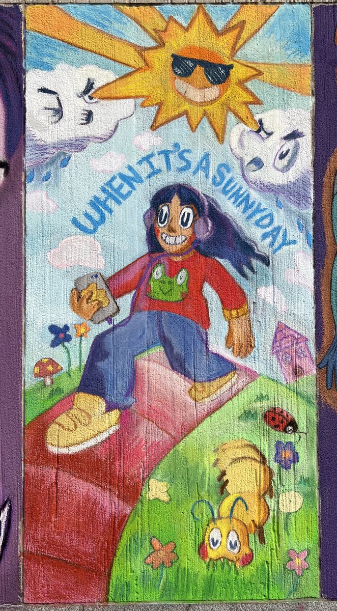 RadRox__'s tweet photo. Here's this mural I did for #chalkfit
The panels ls 3 ft wide and 6ft long.
I based it off beabadoobee’s song sunny day
The process from sketch to finish was fun!
#mural #illustration #chalk #art #beabadoobee https://t.co/eILqK8RVhB