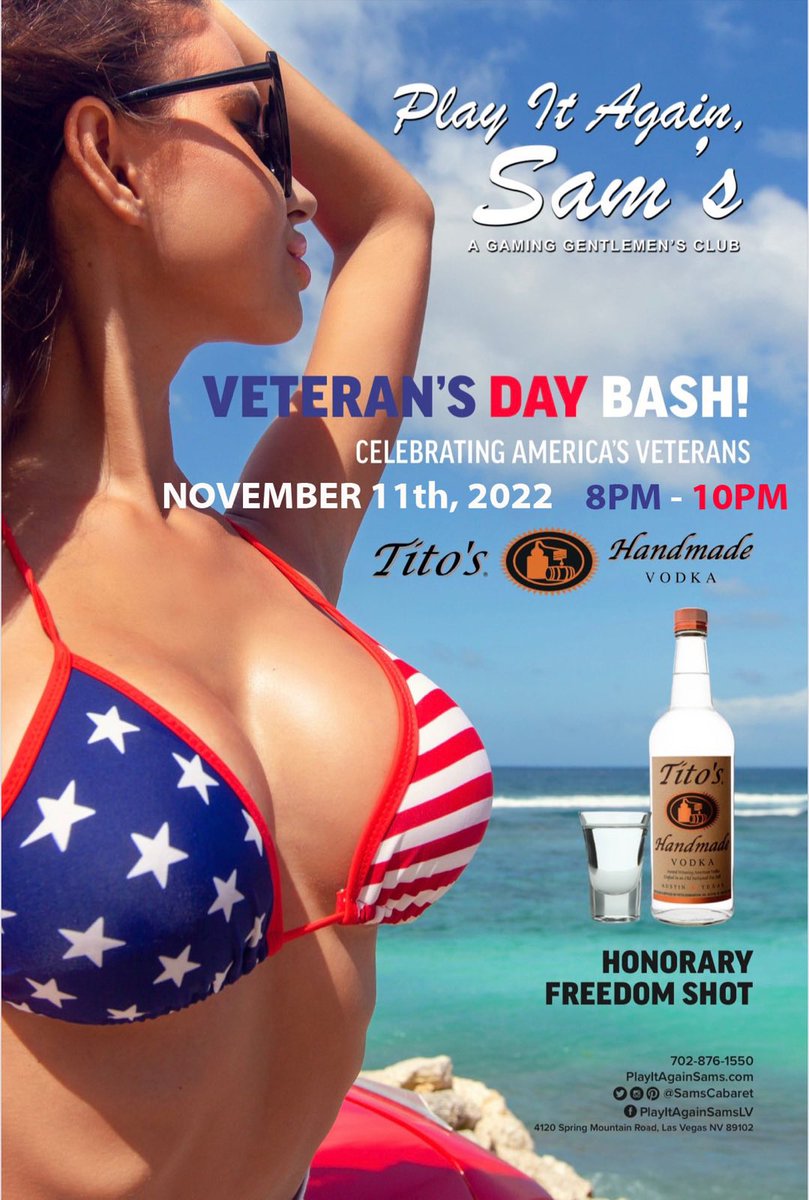 CaliEdub's tweet image. Come on down to @SamsCabaret  on November 11th at 8pm as we honor Veterans like the heroes that they are! #playitagainsam #LasVegas #gentlemensclub #veterans #Veterans_Day #Gaming