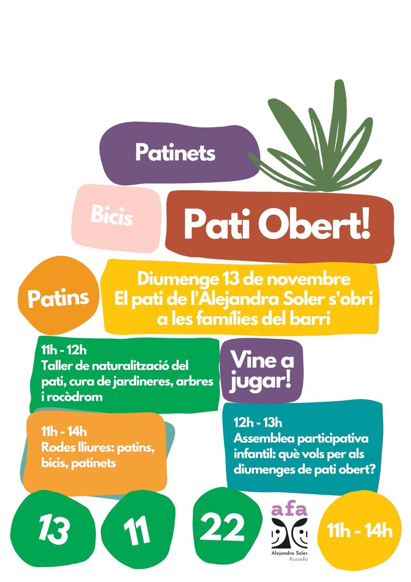 😃😃Ens fa molt de goig comunicar-vos que el proper 13 de novembre tornen els diumenges de pati a l'Alejandra Soler. 
👉Us esperem amb diverses activitats i moltes ganes de passar una bona estona amb les famílies del barri! 🌱🌳🛹🛼🚲🛴