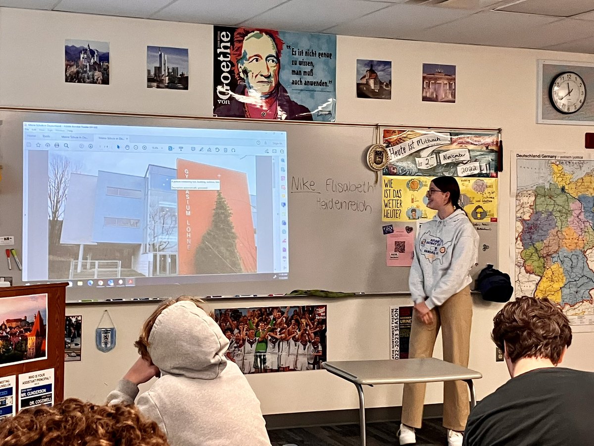 German 1 students welcomed Nike Heidenreich from Germany today &amp; learned about the German school system. Sehr interessant! Danke, Nike! <a href="/OlatheWl/">Olathe WL</a> <a href="/IntlClub_ONW/">ONW International Club</a>