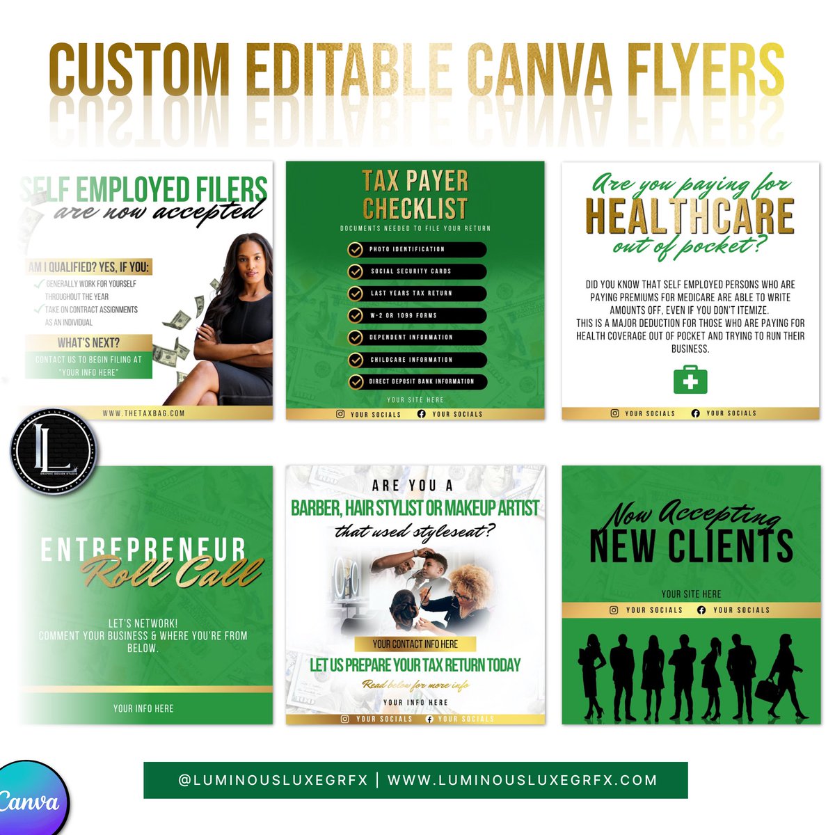 LuminousLuxGRFX's tweet photo. Editable Content Bundle | The Tax Bag💰

Client requested these be designed in Canva so they’re completely editable, so ofc I delivered! 

Get your business ready for Black Friday, Book your bundle online:
https://t.co/7QCyn1GNxy 

#taxpreparerbranding #canvaflyers #canvatemplate https://t.co/CwWOF08zGc
