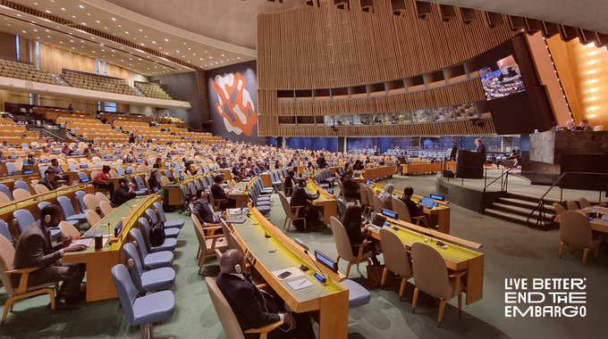 EmbaCubaUS's tweet photo. During the debate at the UNGA on the need to put an end to the blockade imposed by the United States of America against Cuba", foreign ministers from all latitudes and representatives of international and regional organizations expressed their rejection of this unjust policy. https://t.co/ToMWwcySSE