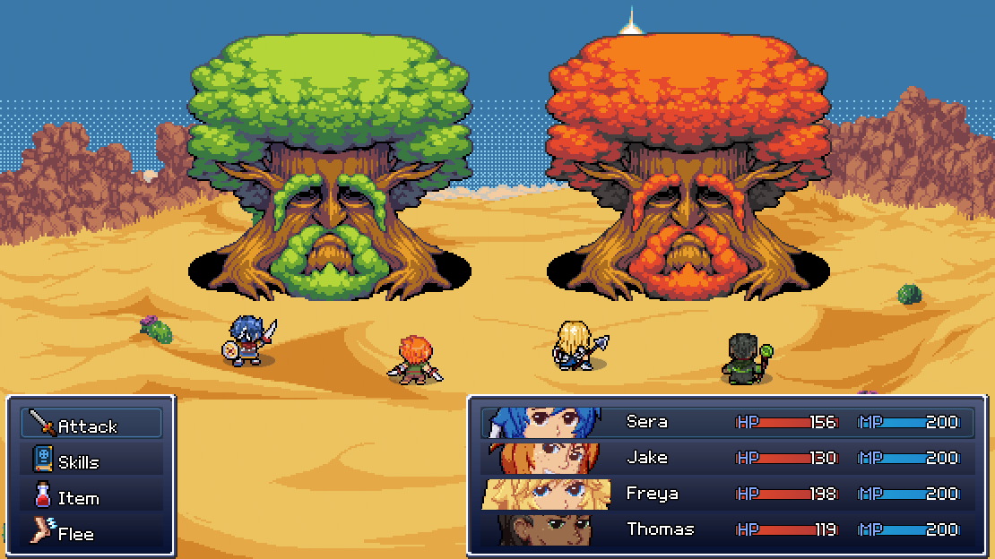 Jkweath's tweet photo. I haven't had many updates for Absinthia lately. I'll be making a Kickstarter post to explain why soon! For now I'll leave you to ponder why we're fighting two wise trees in a desert (this actually happens)

#pixelart #indiedev 

Enemies by @8TheKat 
Backdrop edit by @BugbearStew https://t.co/mFtAUuAgcr