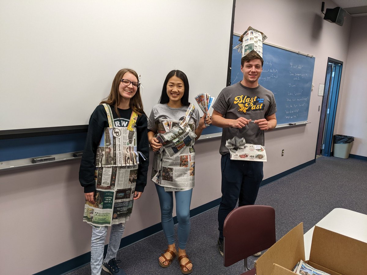 My @MWSUedu_dept students practiced #Collaboration skills today by turning newspapers into a fashion show. It was a lot of fun to watch, and they modeled excellent collaborative language! #AcademicTwitter