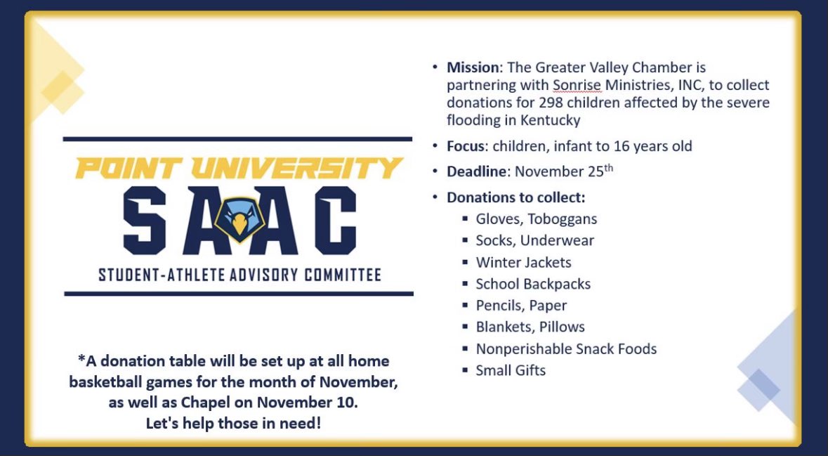 Hey Skyhawk Fans! Please help us honor our commitment to serving others by bringing the items below to our home basketball games throughout the month of November. Your first opportunity is this Saturday at Noon and 2:00 pm! #TogetherWeFly 💙💛