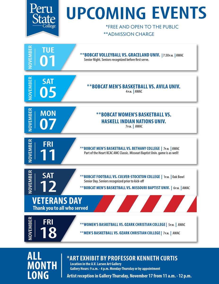 PeruState's tweet photo. Our Bobcat volleyball team won last night vs. Graceland University. Congratulations!
Here's a look at the events this weekend, plus next week. #VeteransDay #Peru155 #upcomingevents #PeruProud https://t.co/fk9z2qg4ol