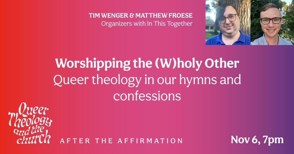 This coming Sunday at 7 pm I’ll be talking about queer theology in worship and hymns at my church! All are welcome to come check it out in person at First Mennonite Church of Winnipeg on Notre Dame, or to take in the livestream.

#mennonite #aftertheaffirmation #queertheology