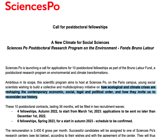 Wowsers... SciencesPo is hiring 10 PostDocs in honour of Bruno Latour!