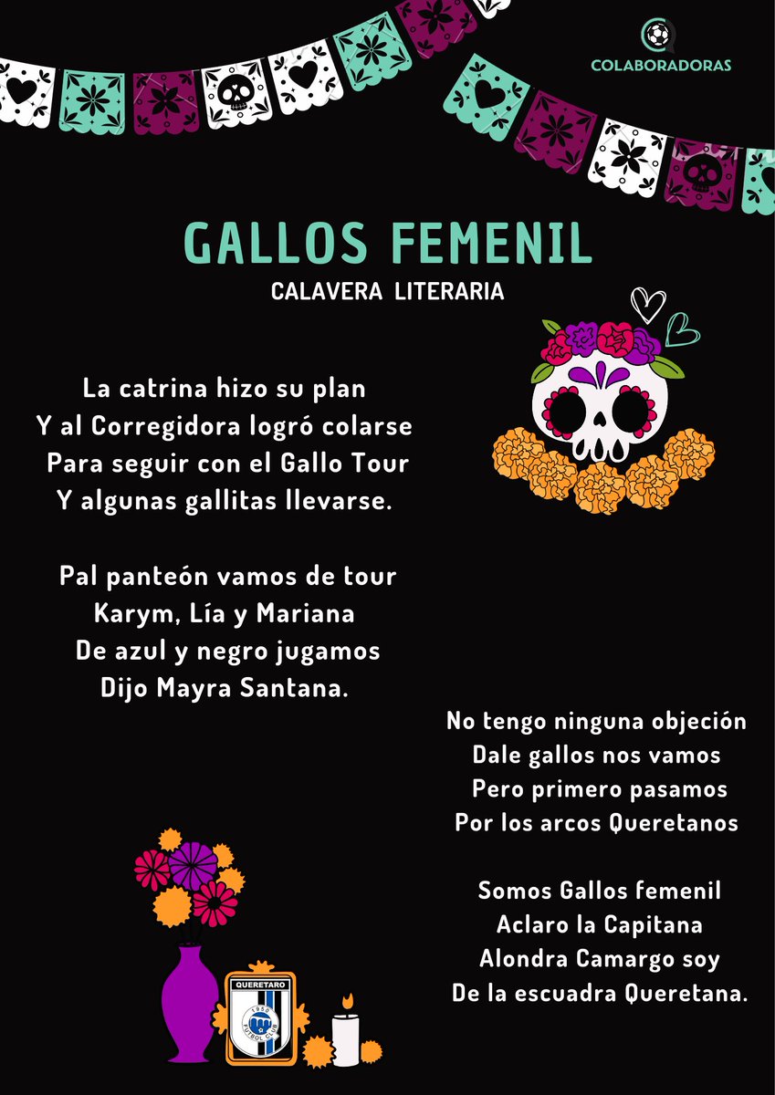 #JES #Calaveras2022 #CalaveritasLiterarias 

Ahora vamos con la de <a href="/GallosFemenil/">Querétaro Femenil 🐓</a> 
Nuestras jugadoras
<a href="/Karym19900/">Karym Iturbe</a> <a href="/betsabe_lia/">Lia Moran</a> <a href="/SMaEstrada/">Mayra Santana</a> <a href="/alondracamargo/">Alondra Camargo</a> 
Marianna Maldonado