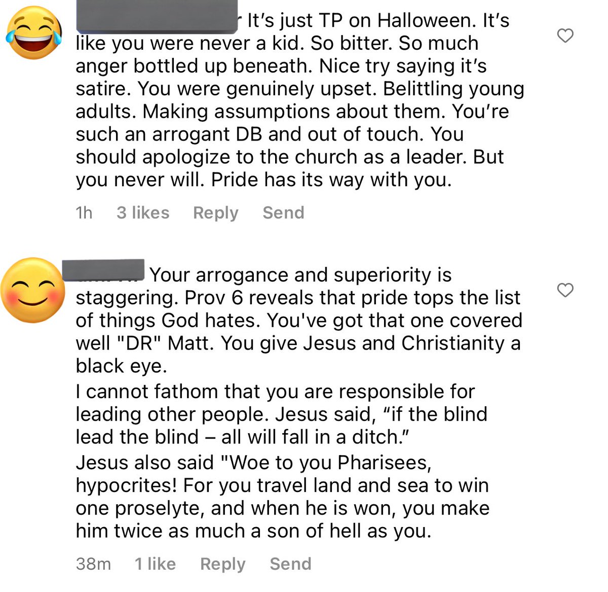 AwakenExposed's tweet photo. Ok I’ve been obsessed with these comments on Dr Matt’s ego driven tirade… here’s the best of the best : love to see @askdrmatt getting called out 👏 #AwakenChurchSD #askdrmatt #pleasedont #TPbandits https://t.co/6X2DCFufyH