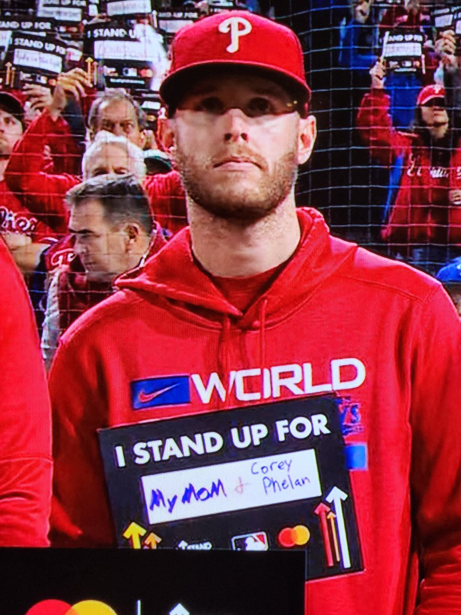 Allstartv's tweet photo. @Joe_Davis and John Smoltz you should explain who Corey Phelan was on the Phillies players "Stand Up To Cancer" cards. #StandUpToCancer #WorldSeries       #CoreyPhelan #MLB @Phillies https://t.co/QtjRs1kj00