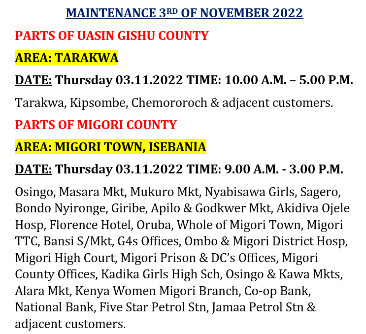 KenyaPower_Care's tweet image. Good morning. Please be informed of scheduled interruptions for today 3rd November 2022.^JO