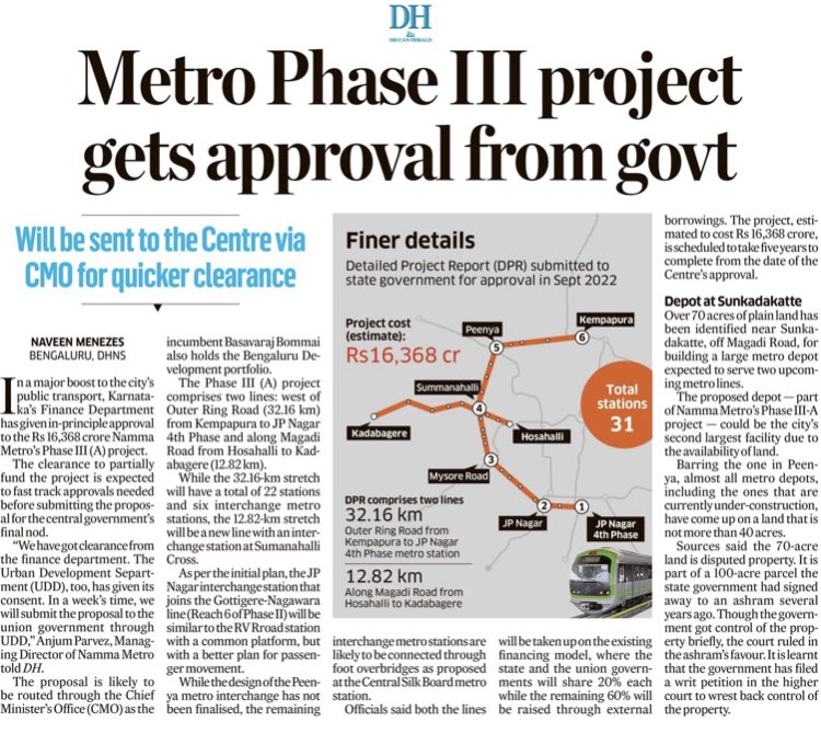 naveenmzs's tweet photo. Namma Metro’s Phase 3 project (west of ORR &amp; Magadi Road) has received in-principle approval from finance and urban development departments. 

The proposal will be sent to New Delhi after getting a nod from the state cabinet. @BBMPAdmn @cpronammametro https://t.co/ZYUv3EfPM4