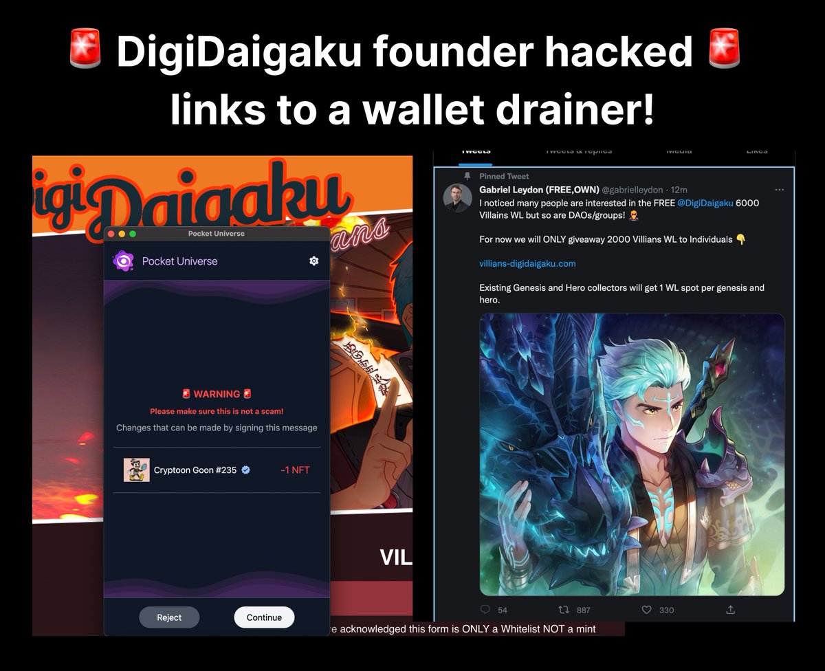 Watch out! <a href="/gabrielleydon/">Gabriel Leydon</a>'s Twitter has been hacked

He's the CEO of @digidaigaku and has been getting a lot of attention from giving out WLs recently

His post is not a WL form, it's a wallet drainer ☠️

Pls watch out and share so your frens stay safe!