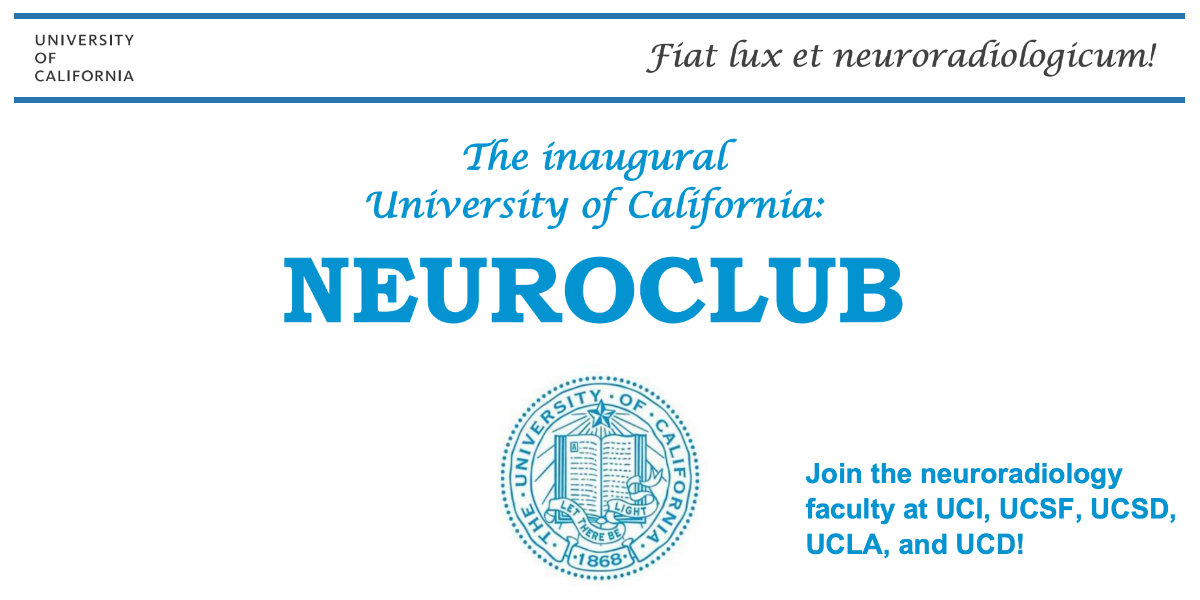 Register now for the University of California Neuro Club, a meeting of the minds between #NeuroRad faculty from @UCIradiology, <a href="/UCSFimaging/">UCSF Imaging</a>, @UCSDimaging, @RadiologyUCLA &amp; <a href="/UCDRadiology/">UCDRadiology</a>. All trainees welcome! Sign up for the Nov. 8 meeting here: bit.ly/3g4omtj #RadRes
