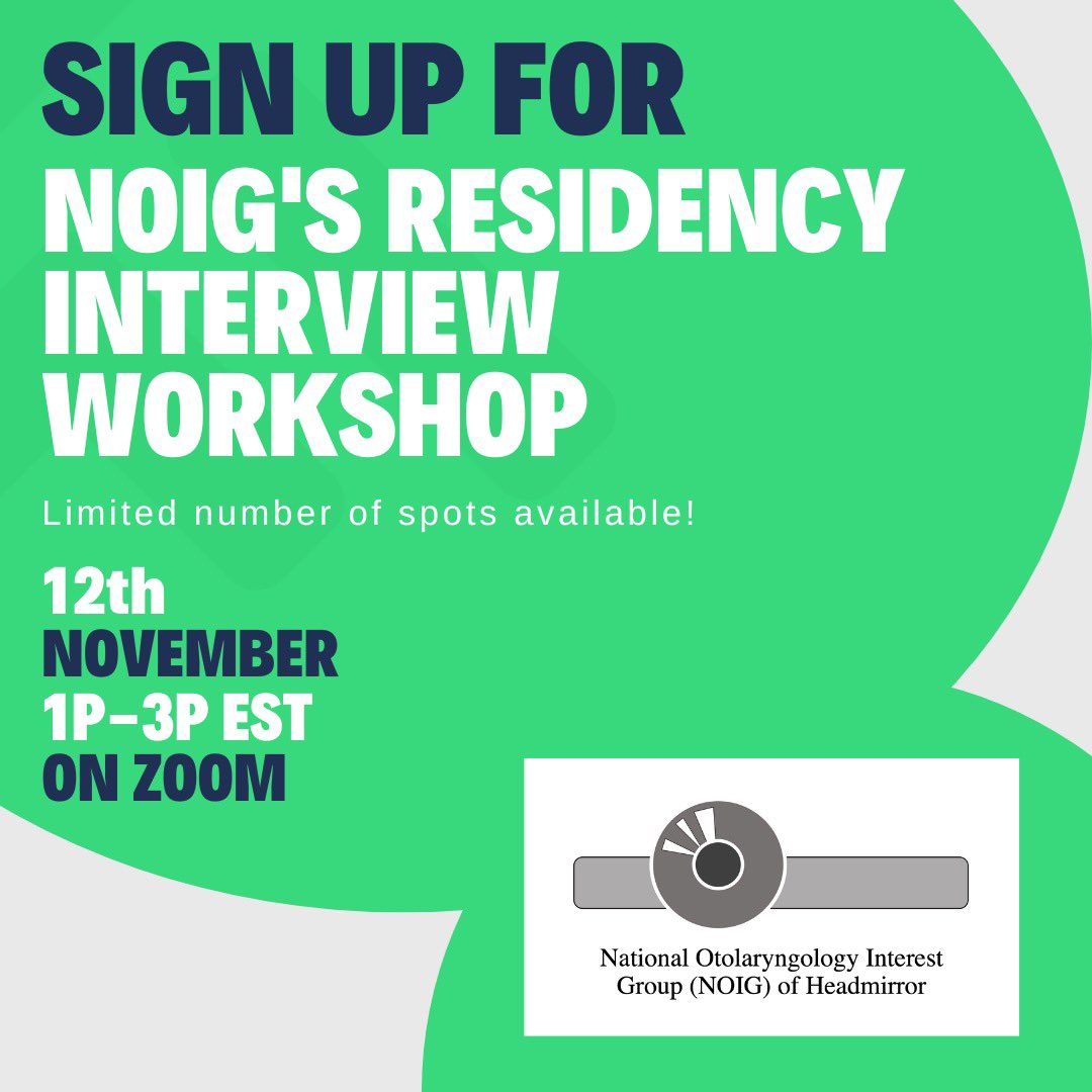 Practice your interview skills with ENT faculty and get instant feedback before residency interviews start! Sign up for NOIG's otolaryngology residency mock interview workshop on Saturday, November 12th from 1 PM - 3 PM EST. 

forms.gle/5raYMoutciStHN…