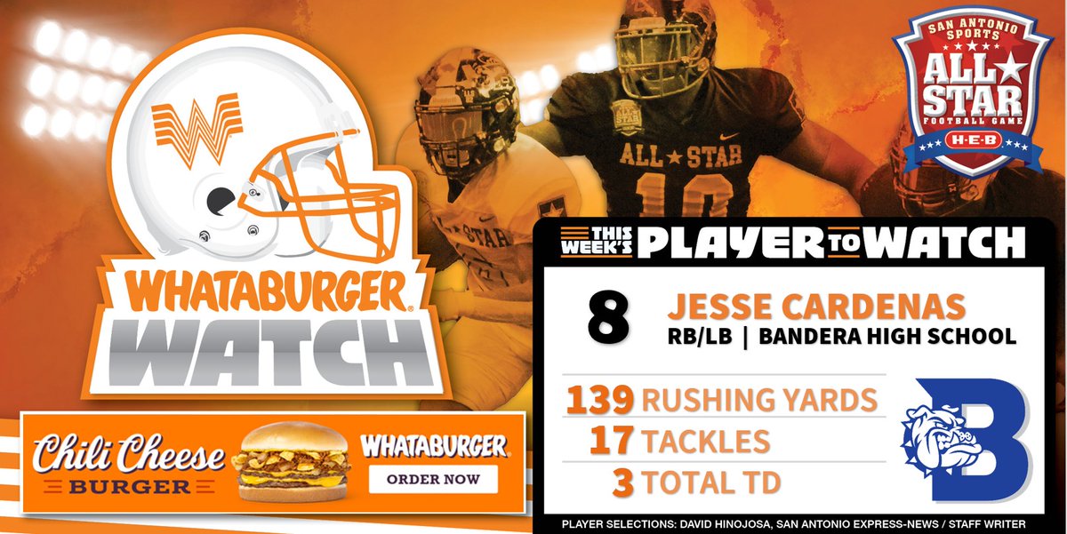 . @Whataburger Watch - Week 10 Honoree Highlighting some of the top talent in Greater SA! Jesse Cardenas RB/LB | Bandera High School 139 Rushing Yards 17 Tackles 3 Total Touchdowns #WhataburgerWatch #txhsfb @DogssportsFb @DogssportsFb @BHSBulldogTimes