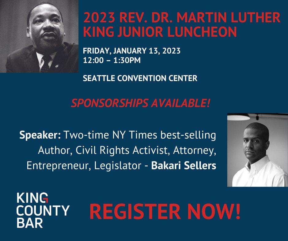 Registration for the 2023 Rev. Dr. Martin Luther King Jr. Luncheon is now open! Go to kcba.org/Calendar/Speci… to register. #MLKJr #KCBA #JusticeForAll #equity #lawyers
