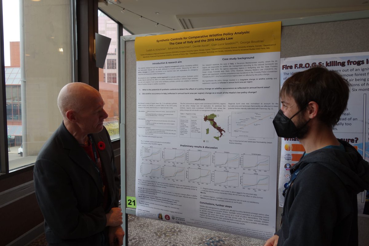 LittleKerryn's tweet photo. Machine learning meets wildfire governance! 💻🔥Novel research by @judith_kir & @j_kirschner using synthetic controls for comparative wildfire policy analysis. Evaluating the impact of wildfire policies is so important (but difficult), great poster at #WFCC22 @IAWF @PyroLife_ITN https://t.co/ZCWp6zeMBm