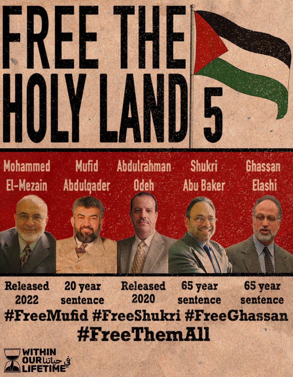 Later this month marks 14 years since Shukri Abu Baker + the Holy Land 5 were wrongfully imprisoned in the U.S. WOL calls on all those involved in the struggle for Palestine to TAKE ACTION to free Shukri, Mufid Abdulqader + Ghassan Elisha! #FreeTheHL5 #FreeThemAll #FreePalestine