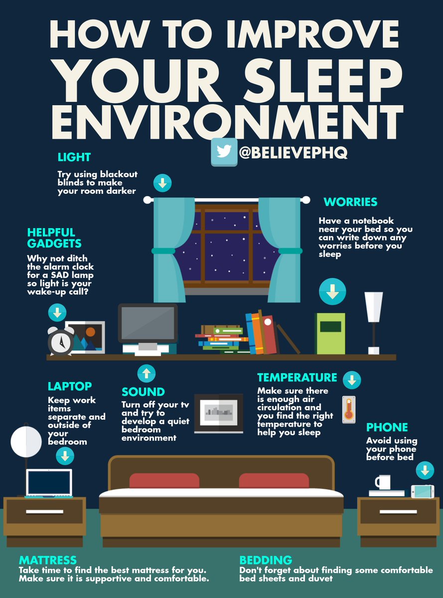 Please re-Tweet these tips on how to improve your #sleep environment. (image via @BelievePHQ) #health #aging #Alzheimers #dementia #mentalhealth