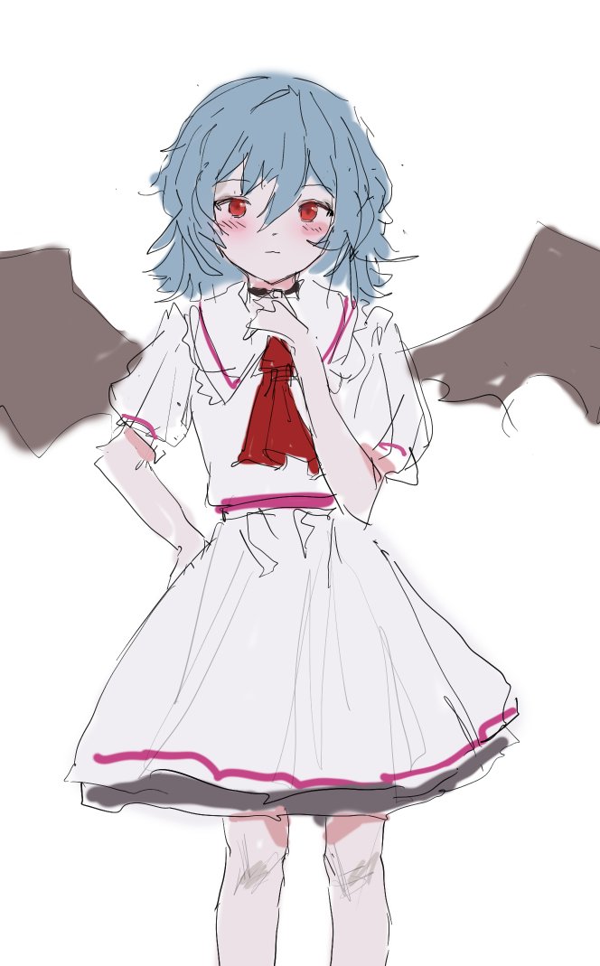 remilia scarlet 1girl solo wings red eyes ascot white background blue hair  illustration images