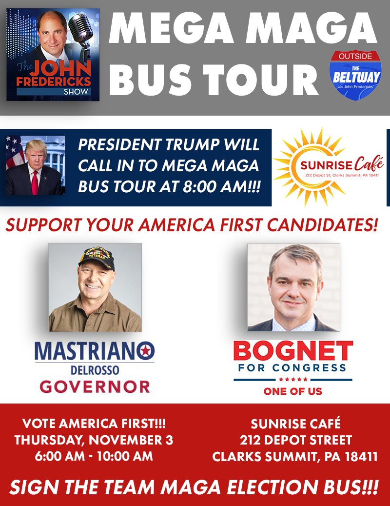 jfradioshow's tweet photo. Team MAGA Election 🚍 Bus Tour - America First Candidates are 🔥 SURGING 🔥 in PA!! Let's 💥 RALLY 💥 @DrOz @dougmastriano 🌟 Jim @BognetForCongress PA-08 🌟 + more!! #voteamericafirst #megaMAGAbustour #godzillaoftruth #doug4gov #fight4pa- https://t.co/L9IWRiJ5PZ https://t.co/Sr8GdSmmBq