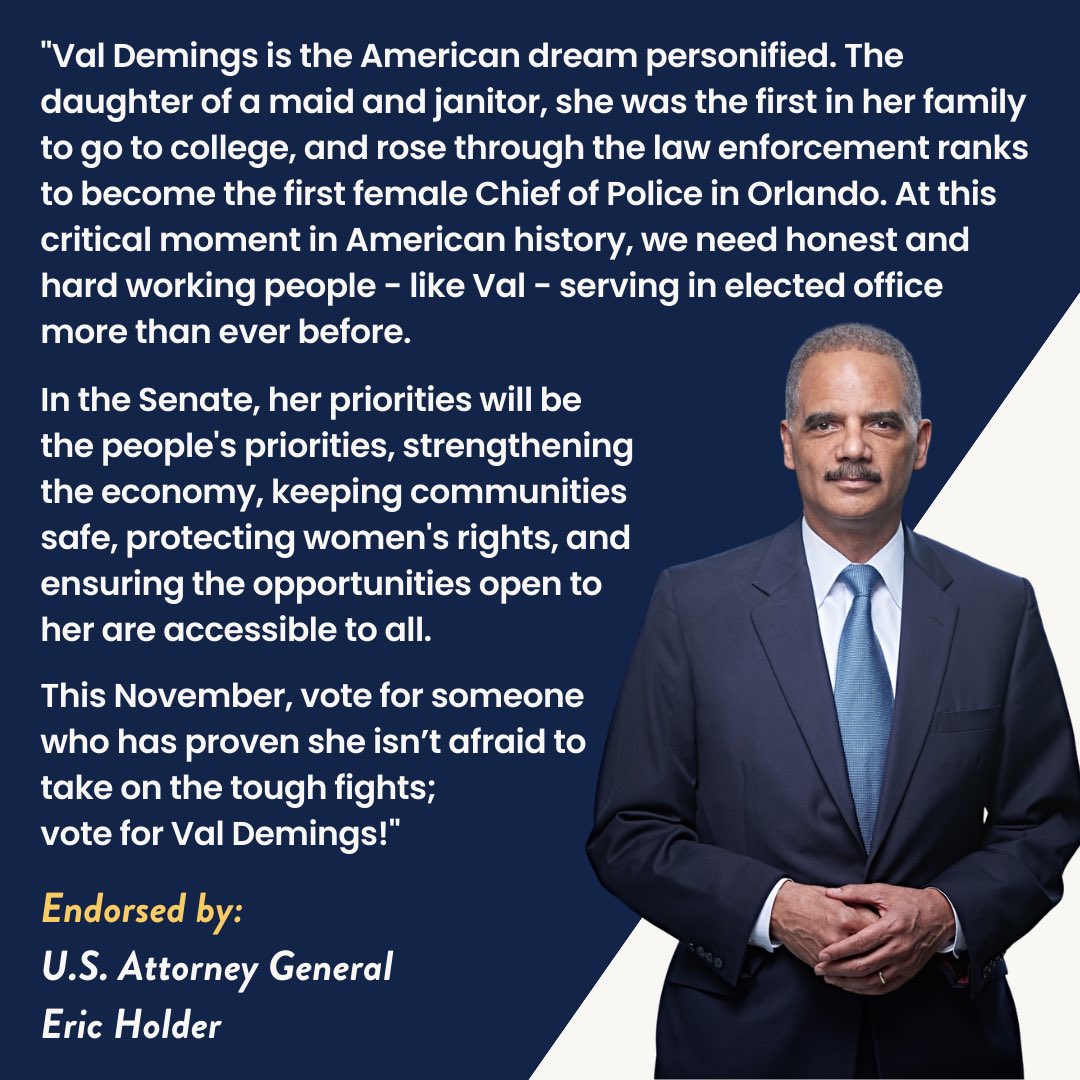 I’m honored to receive an endorsement from Attorney General Holder. The right to vote is precious — and his commitment to protecting that right is inspiring. In the U.S. Senate, I will continue to stand up and fight for legislation that protects our democracy.