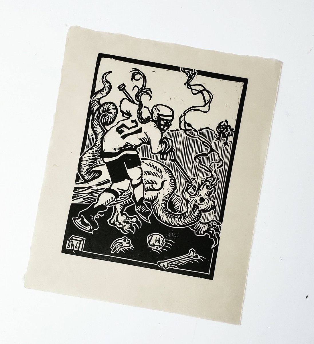 Slaying - with apologies to Albrecht Durer, Hilary Knight woodblock piece for <a href="/HockeyArtZine/">Hockey Art Zine</a> available now for pre-order at hockeyartzine.bigcartel.com proceeds go to <a href="/BlackGirlHockey/">Black Girl Hockey Club</a> so get to it 💚