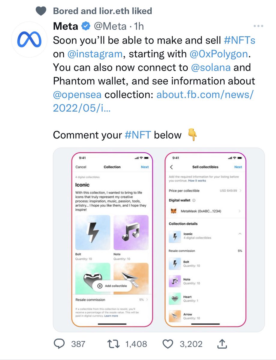 NFTs coming to Meta / Instagram…

This is big news for the space!  #nft
