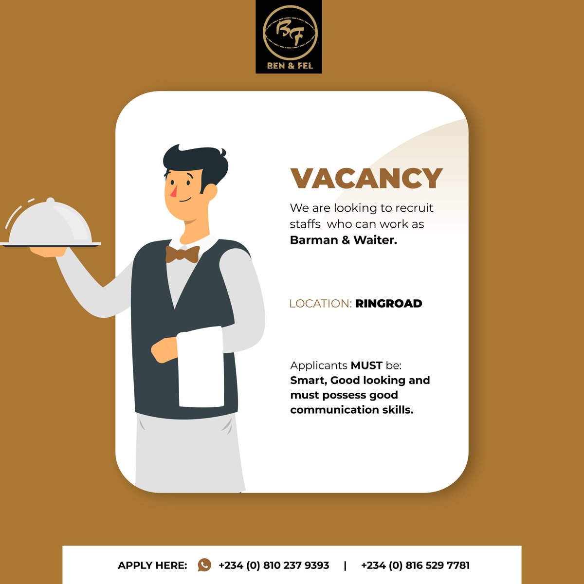 BenandFel's tweet photo. Vacancy!!

Job: BARMAN 
         WAITER

LOCATION: Ringroad, IBADAN

How to apply: Send your CV here admin@benandfelservices.com using job as subject

#hannytalker

#BenandFel

#connectIBADAN

#ibadanjobs

#Ibadanconnect

#ibadanjobconnect https://t.co/RJ3QXLUEAv