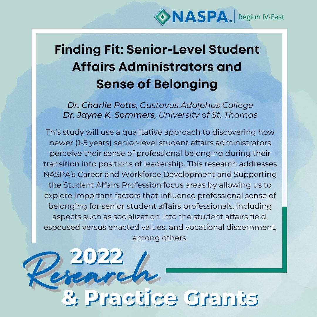 NASPA4E's tweet photo. 🏆 IT’S AWARDS SZN 🏆
Congrats to Drs. Charlie Potts, Gustavus Adolphus Coll., & Jayne K. Sommers, Uni of St. Thomas, for being one of our 2022 #NASPA4E Research & Practice Grant winners! Their research & practice grant is Finding Fit: Senior Lvl SA Admins & Sense of Belonging https://t.co/m2UK9XOKq9