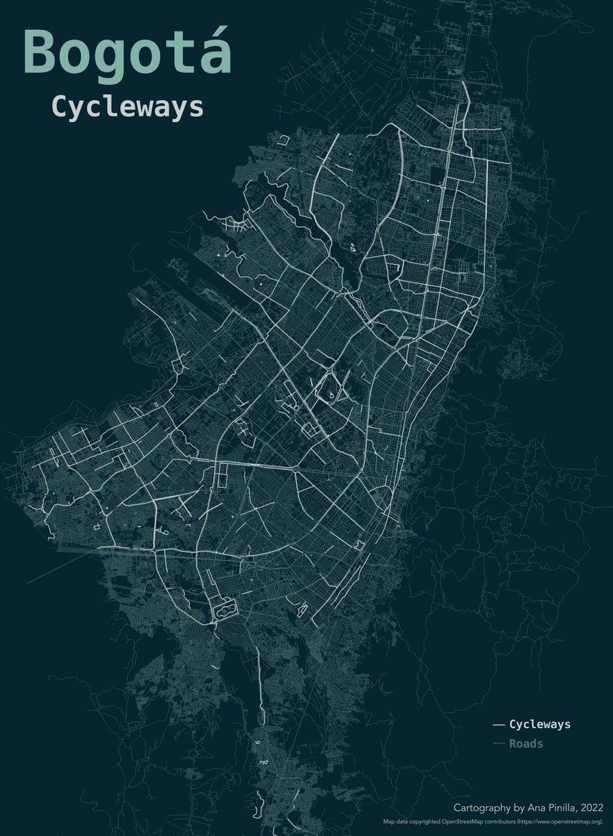 aopinillap's tweet photo. Bogota took the 12th position in the Copenhagenize Index in 2019. This index shows the ranking of bicycle-friendly cities.
This map shows the cycleways in Bogotá by 2022. Day 2 of the #30DayMapChallenge. https://t.co/e8fdOLQ4iq