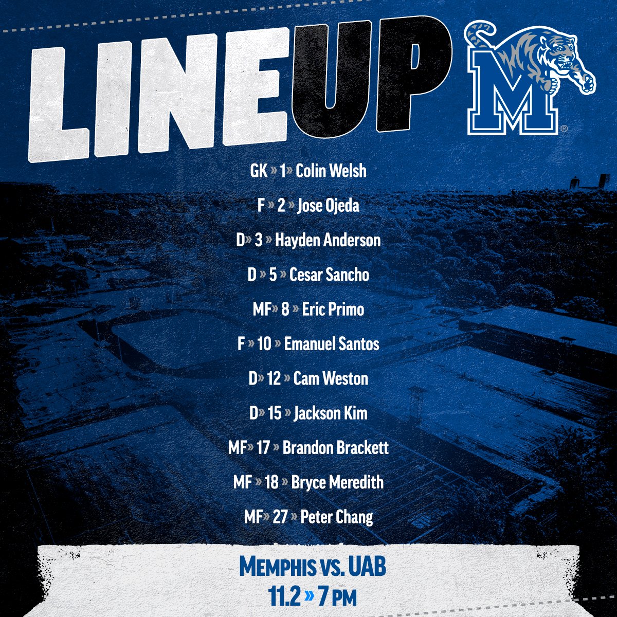 MemphisMSoccer's tweet photo. The lineups are set! Here's ours for tonight against UAB! https://t.co/5CDio12K8l