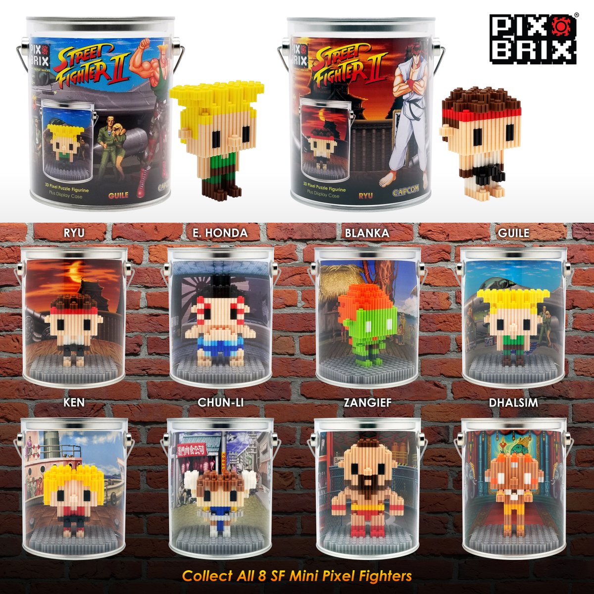 Buildable 3D Mini Pixel Fighters with a character level display case. Collect all 8 original Street Fighter® II characters. Each kit includes bonus Street Fighter® prismatic collectible trading card. 🥊 bit.ly/StreetFighterP…
