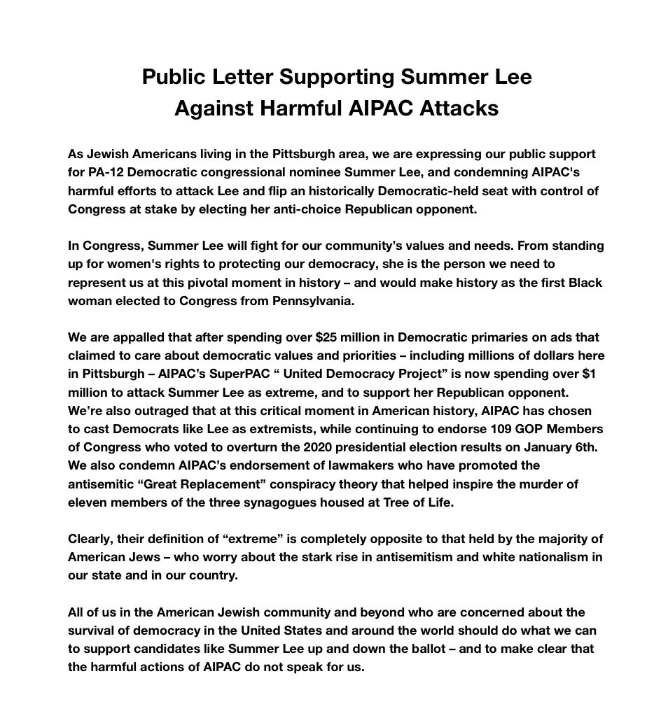 Inbox: Over 240 members of Pittsburgh’s Jewish-American community released a public letter today supporting Democratic nominee Summer Lee for Congress in Pennsylvania’s 12th district – and condemning the right-wing group AIPAC for its $1 million ad campaign attacking Lee.