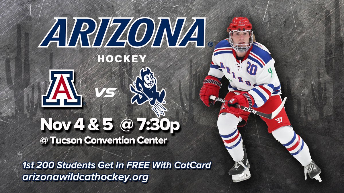 UAWildcatHockey's tweet photo. Let’s give away some tickets! We have 4 FREE tickets to our game this Friday night vs. ASU! All you have to do is retweet this tweet for a chance to win! @whatsuptucson @VisitTucsonAZ @ESPNTucson #BearDown #Giveaway #free #HockeyTwitter https://t.co/nOVL5qulTa