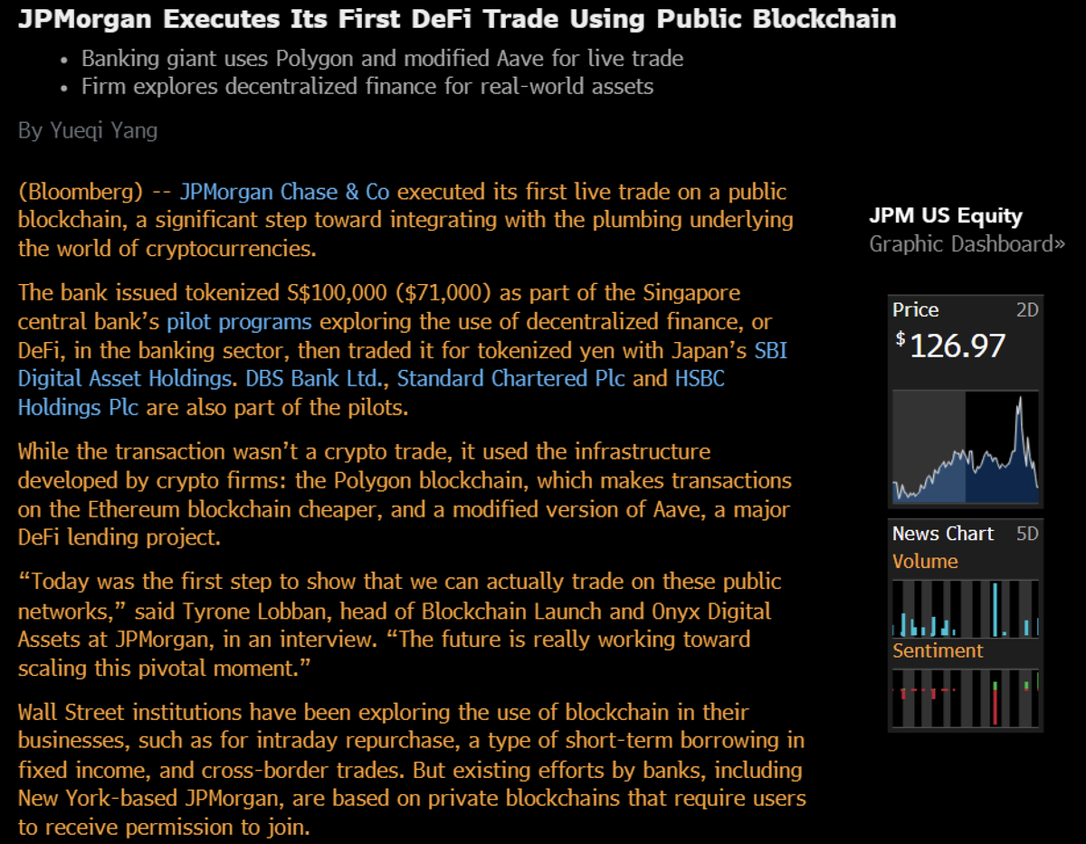 #JPMorgan has just officially executed first live trade on a public #blockchain. And it's officially in a #DeFi space. This is a #revolution, and this technology is changing a whole financial system forever. There is no point in denying it any more. 
<a href="/RaoulGMI/">Raoul Pal</a>