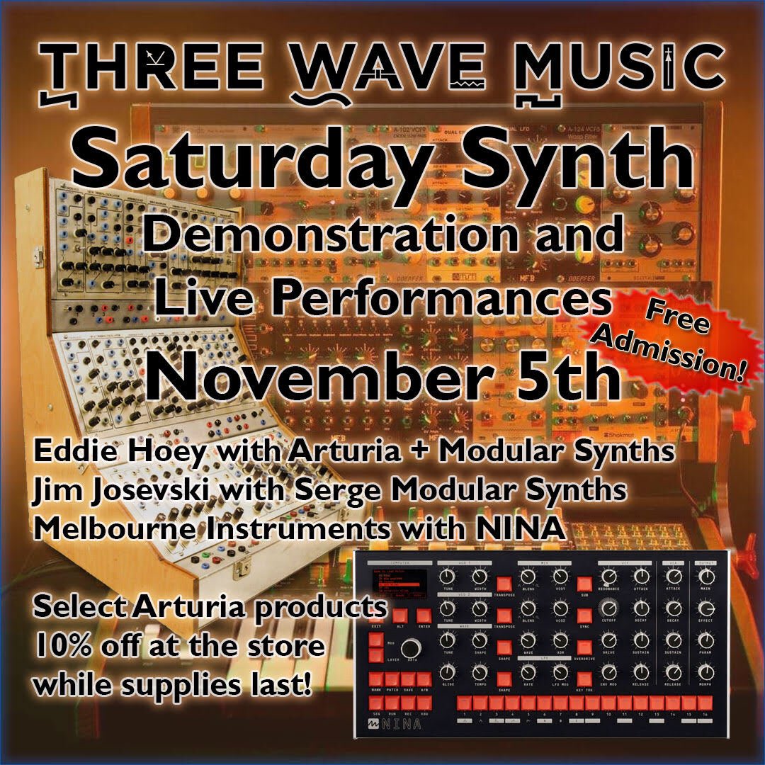 Come to our synth event this Saturday from 1 pm to 6 pm for live performances and demonstrations! Open for all and free admission! #arturia #sergemodular #melbourneinstruments #melbourneinstrumentsnina #eurorack #synth #synthesizer #threewavemusic
