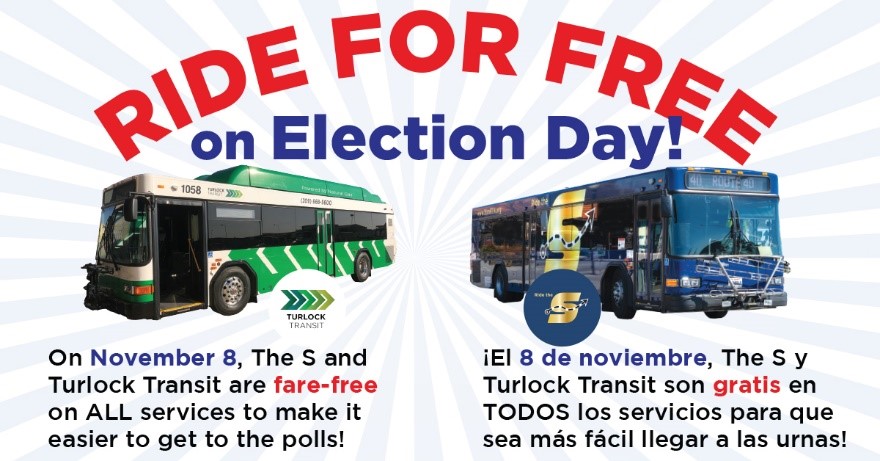 StanRTARideTheS's tweet photo. Have you planned your FREE ride to the polls on Election Day? The S and Turlock Transit are offering free rides on all services on November 8. #RideTheS #TurlockTransit #ElectionDay2022 #FreeRides https://t.co/9dyuCa9B3V