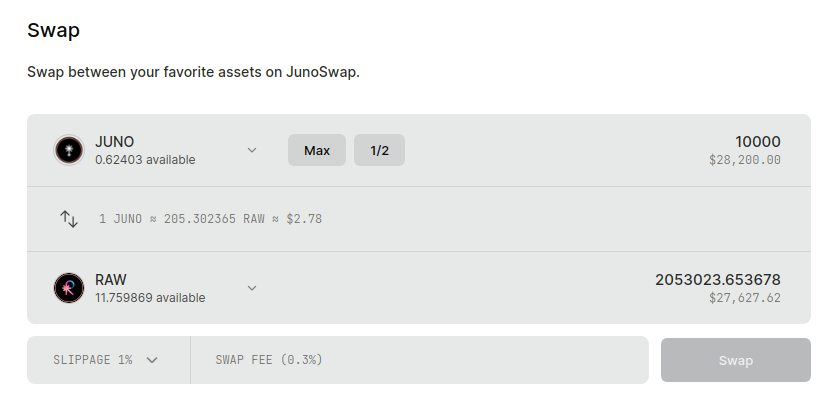 Just deployed Junoswap UI v1.6, a minor update. The most noticeable change is we now display the dollar value of both sides of your swap to better visualize slippage. Let us know your thoughts!