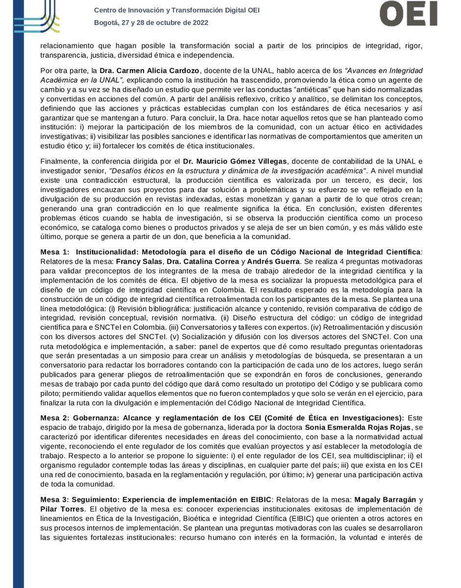 LuisCamiloCL's tweet photo. El pasado 27 y 28 de oct, #CITDConecta @ColombiaOEI participó en el "X #DiálogoNacional sobre ética de la Investigación", institucionalidad y gobernanza del #SNCTeI por @MincienciasCo en las instalaciones de la @UNALOficial @Uniandes #ConectadosParaInnovar #CooperacionParaInnovar https://t.co/VwLqQDc78u