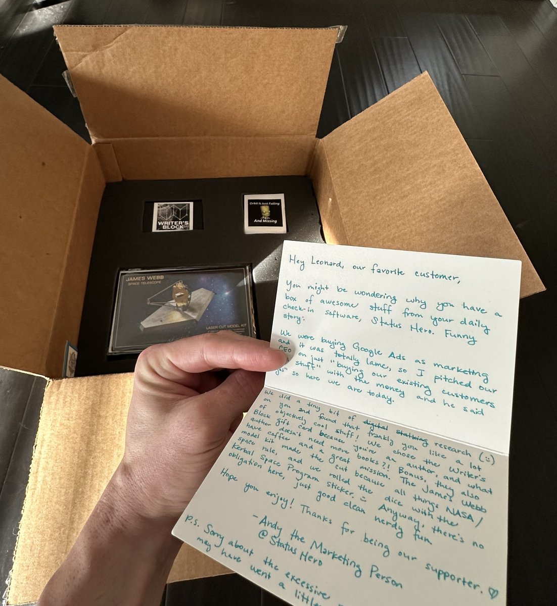 Leonard Souza (@jslauthor) on Twitter photo I received an email from <a href="/statushero/">Status Hero</a> about a month ago asking if they could send me a gift and promised me "not a bogus t-shirt or yet another branded Yeti mug." I, of course, said yes and provided Andy with my address. Then this package arrived today. I received an email from <a href="/statushero/">Status Hero</a> about a month ago asking if they could send me a gift and promised me "not a bogus t-shirt or yet another branded Yeti mug." I, of course, said yes and provided Andy with my address. Then this package arrived today.