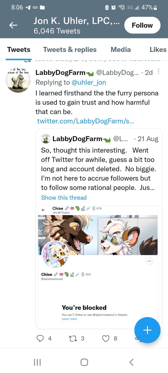 Hey everyone. Please share this. I'm a therapist. This 'therapist" @/uhler_jon is back and out to hurt marginalized folks.  He personally came after me in 2020 leading me to send a C&amp;D from my lawyer. He's back and he is dangerous. Please report his content. 1/?