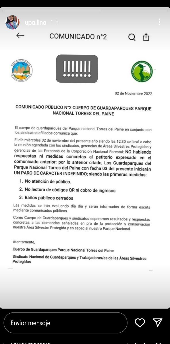 Guardaparques de <a href="/conaf_minagri/">CONAF - Corporación Nacional Forestal</a> que desempeñan labores en TorresdelPaine anuncia un #ParoIndefinido de sus labores a partir de mañana 03 de noviembre. No habrá cobro de entradas, servicios de baños ni control en los accesos. <a href="/pinguinodiario/">Pingüino Multimedia</a> <a href="/biobio/">BioBioChile</a> <a href="/PortalNatales/">Portal Natales</a>