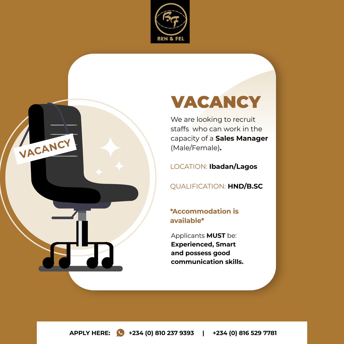 BenandFel's tweet photo. Vacancy!!
Job: Sales Manager
LOCATION: LAGOS/IBADAN
QUALIFICATION: HND / https://t.co/YGOBEUvYkf

Send your CV here admin@benandfelservices.com using job as subject
or https://t.co/15OOhnyLOo

#hannytalker
#BenandFel
#connectIBADAN
#ibadanjobs
#Ibadanconnect
#ibadanjobconnect https://t.co/FyfM7rHdHt
