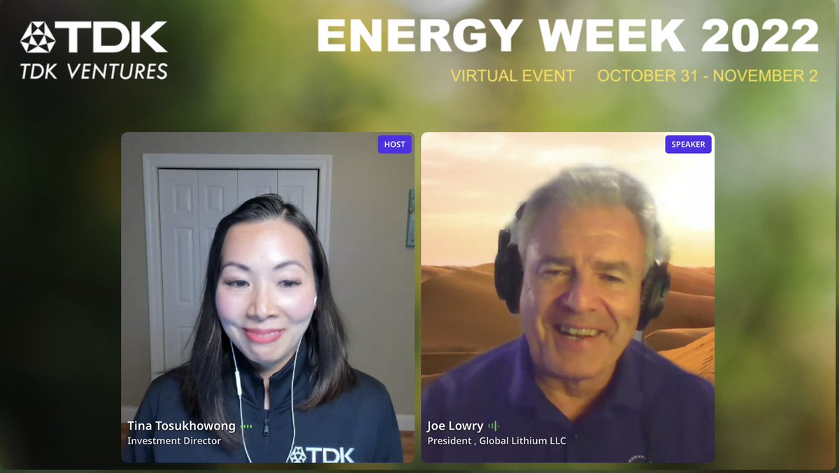 Live at #TDKVentures #EnergyWeek 2022 is an exciting fireside chat with Joe Lowry, President of Global Lithium and host of the renowned Global Lithium Podcast, on the Lithium Industry's future outlook. Join us Live: tdk-ventures-energy-week2022.com
<a href="/globallithium/">Joe Lowry</a>
