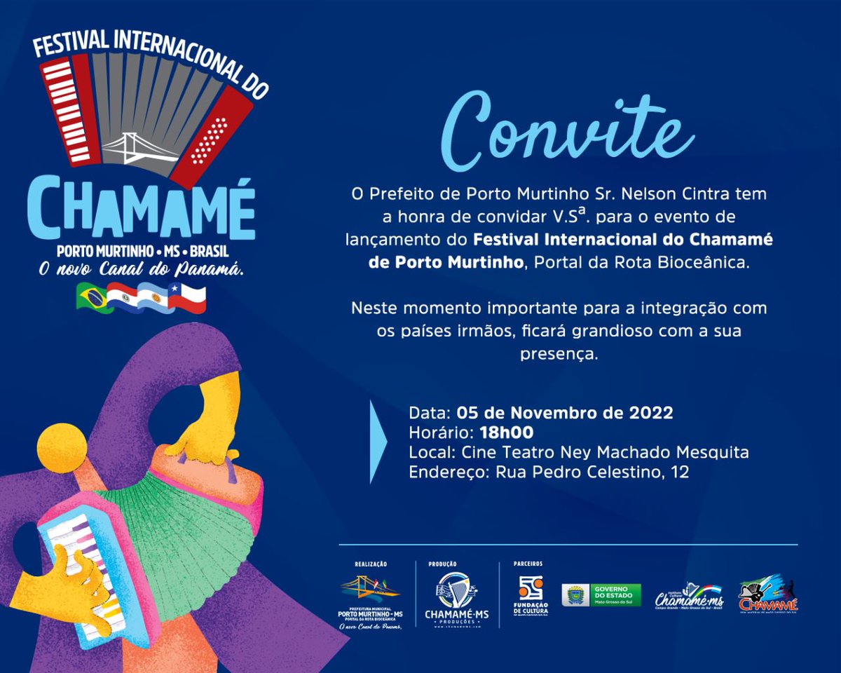 A prefeitura de Porto Murtinho convida para o lançamento oficial do 1º Festival Internacional do Chamamé, no próximo sábado, 5 de novembro, no Cine Teatro Ney Machado Mesquita.

#Chamamé #ChamaméMS #SoyElChamamé #PortoMurtinho #Pantanal #MS #Cultura #RotaBioceânica #Festival